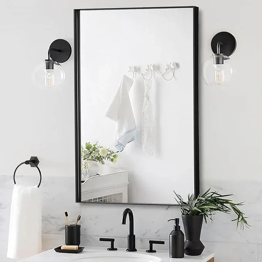 Bonverre 24x40 Inch Black Bathroom Mirror for Wall, Aluminum Frame Rectangle Rectangular Vanity Mirror, Modern Large for Bedroom, Living Room, Horizontal or Vertical - ModernBath