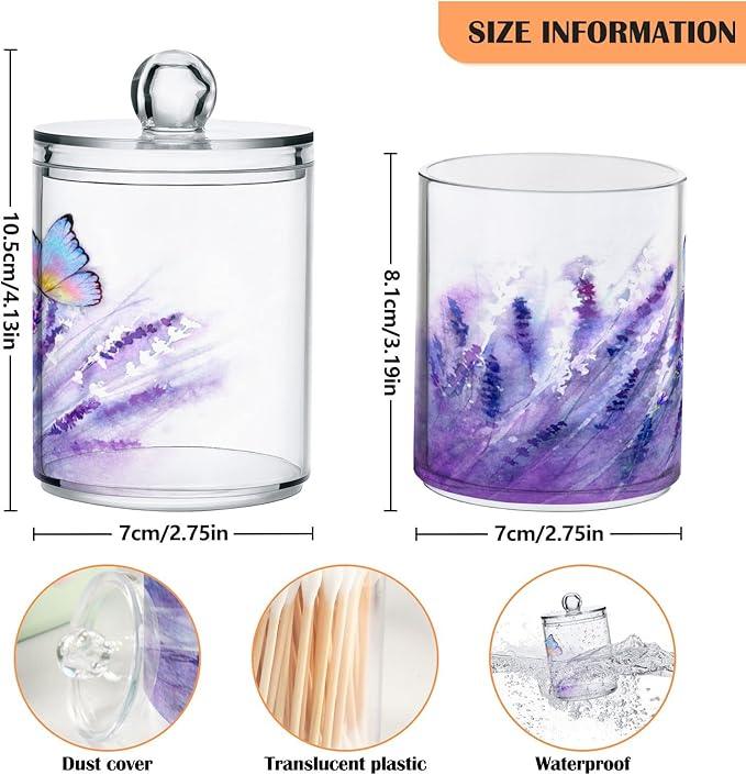 BOENLE 4 Pack Qtip Holder Dispenser Lavender Butterfly Purple Bathroom Storage Canister Lid Acrylic Plastic Apothecary Jar Set Vanity Makeup Organizer for Cotton Swab/Ball/Pad/Floss - ModernBath