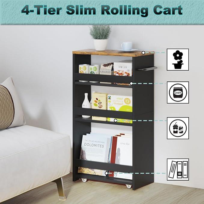MARTY Rolling Storage Cart 7.9" W, 4-Tier Kitchen Cart with Wheels Handle, Slim Storage Cart Mobile Shelving Utility Carts for Bathroom Laundry Room Organization Narrow Places (Black) - ModernBath