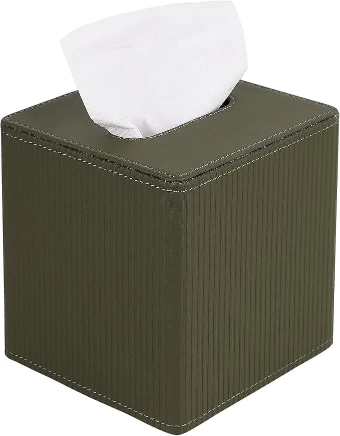 DODAMOUR Elegant Faux Leather Tissue Box Cover, Ribbed Design with Weighted Base & Magnetic Closure - Modern Decor for Bathroom, Bedroom or Office (Olive Green) - ModernBath