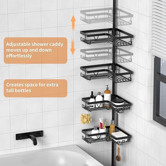 KEGII Black Shower Caddy Tension Pole with 2 Towel Bars, Adjustable Corner Bathroom Organizer, Rustproof Bathtub Storage Shelves for Shampoo, 25–114.2 Inch Shower Corner Rack for Renters & Family - ModernBath