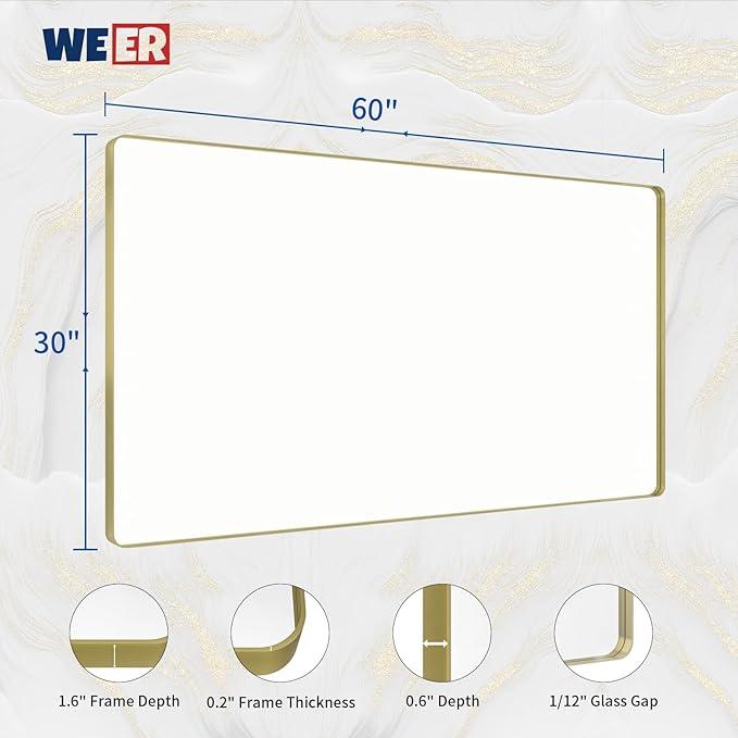 WEER Gold Bathroom Mirror, 60x30 Inch Brushed Gold Metal Frame, Rounded Rectangle Vanity Mirror for Wall, Tempered Glass, Anti-Rust, Hangs Horizontally or Vertically - ModernBath
