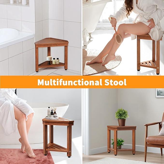 Shower Foot Rest 15 in, Acacia Shower Stool for Shaving Legs,Corner Bath Shower Bench with Starage Shelf for Inside Small Shower Spaces - ModernBath