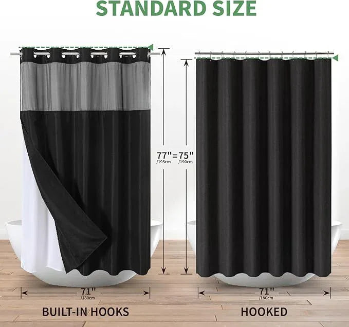 eachope Black No Hook Shower Curtain with Snap-in Fabric Liner Set,Slub Textured Fabric Shower Curtains for Bathroom,Hotel Style Modern Shower Curtain,Water Repellent & Washable,71x77(75) - ModernBath