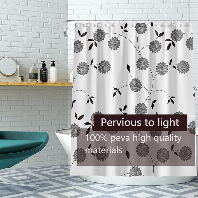 TIKABC Shower Curtain Liner, 4G PEVA Black and White Tree Flower Shower Liner, Plastic Waterproof Shower Curtains, 72x72 inch with Grommet Holes 3 Magnetic Weights - ModernBath