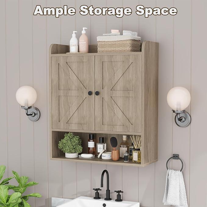 EasyCom 22" W x 26" H Bathroom Wall Cabinet, Farmhouse Medicine Cabinet with Adjustable Shelves and Double Barn Doors, Over The Toilet Storage Cabinet for Bathroom, Kitchen, Living Room, Oak Grey - ModernBath
