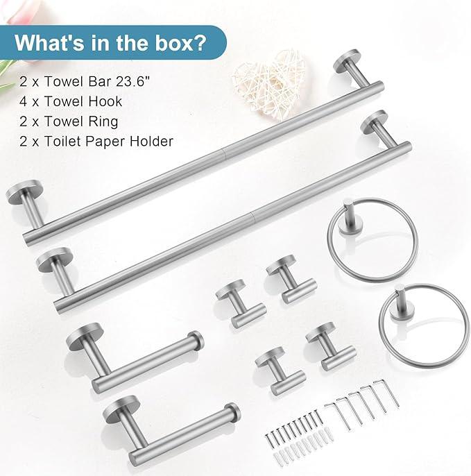 TQKAG Brushed Nickel Bathroom Hardware Accessories Set - 10-Piece Premium SUS304 Stainless Steel Towel Bar Holder Set with 23.6 Inch Round Towel Racks for Wall Mounted Bathroom - ModernBath