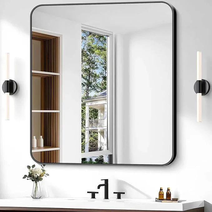 CIVENO Bathroom Mirror, 40 x 36 inch Black Rectangle Wall Mirror, Metal Frame Rectangular Vanity Mirror, Rounded Corner Wall Mounted Mirror for Modern Bedroom Living Room Hangs Horizontal/Vertical - ModernBath