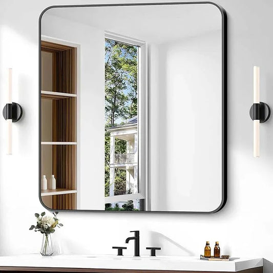 CIVENO Bathroom Mirror, 40 x 36 inch Black Rectangle Wall Mirror, Metal Frame Rectangular Vanity Mirror, Rounded Corner Wall Mounted Mirror for Modern Bedroom Living Room Hangs Horizontal/Vertical - ModernBath