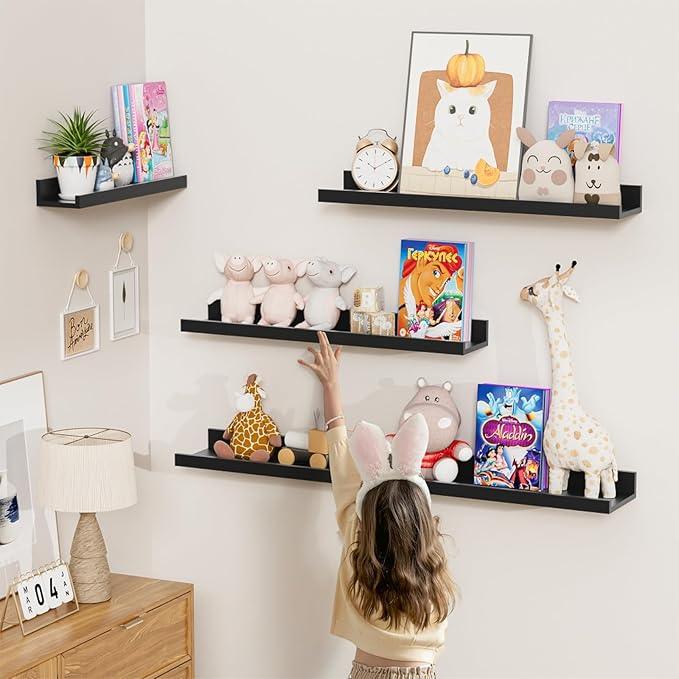 Heimlove Floating Shelves Set of 6, 16" Wall Mounted Picture Ledge, Display Shelf Organizer for Decor Storage, Wall Mounted Shelves for Living Room, Bedroom, Bathroom, Kitchen (Black) - ModernBath