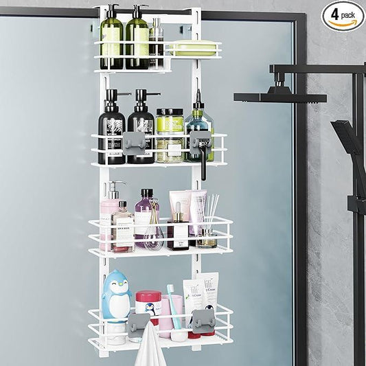 Orimade Over The Door Shower Caddy Adjustable 4 Tier White,Bathroom Hanging Organizer Shelf Rustproof with 4 Hooks,Shower Basket with Soap Holder and Suction Cup - ModernBath