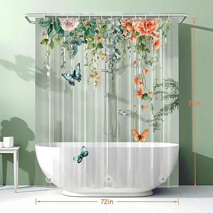 Clear Colorful Floral Butterfly Shower Curtain Liner, Plastic Pretty Pink and Orange Flower Green Eucalyptus Leaf Shower Curtains for Bathroom, 72x72 Weighted Magnetic Shower Curtain Set with 12 hooks - ModernBath