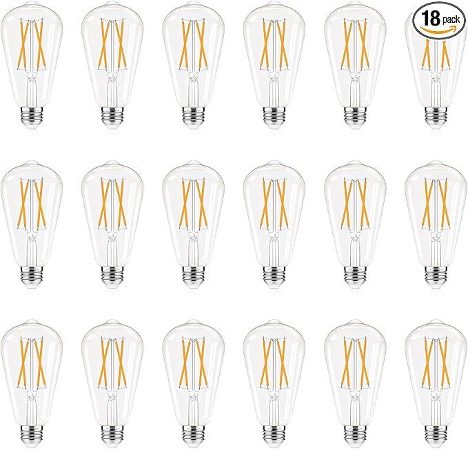 Dimmable E26 Edison Bulbs 2700K Warm White, 6W Equivalent to 60 watt E26 LED Bulb, ST58 Vintage Light Bulbs, 600LM, 90+ CRI, E26 Base, Clear Glass, 18 Pack - ModernBath