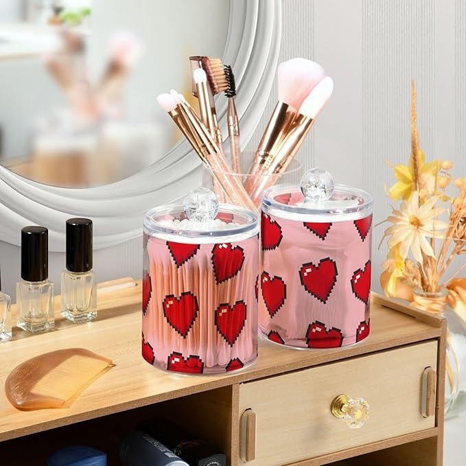 Tatenale Qtip Holder Bathroom Set Q tip Cotton Ball Swab Pad Dispenser Container Organizer Plastic Jars with Lids Storage 2Pack Red Pixel Hearts Pink - ModernBath