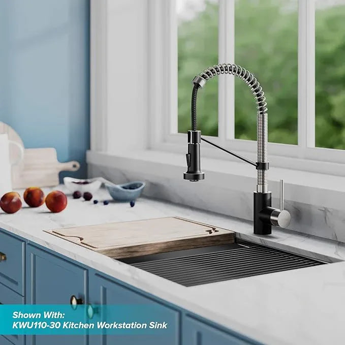 KRAUS Bolden Commercial Style 2-Function Single Handle Pull Down Kitchen Faucet in Stainless Steel/Matte Black, KPF-1610SSMB (Pack of 1) - ModernBath