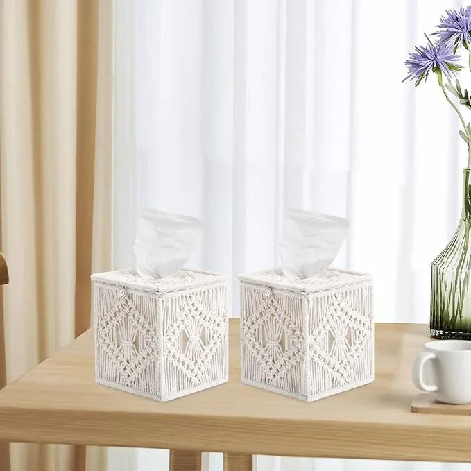 Macrame Tissue Box Cover, 2 Pack Square Boho Decor Tissue Holder, Handmade Woven Cotton Rope Organizer with Open Bottom for Bedroom, Bathroom, Living Room, Office - Ivory - ModernBath
