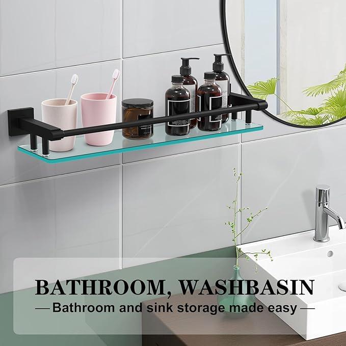 Bathroom Glass Shelf 20IN Rectangular Stainless Steel Tempered Glass Shelves Modern Stainless Steel Wall Mount Bathroom Shelf (Matte Black, 20‘’) - ModernBath