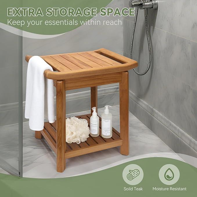 17" Teak Shower Chair with Storage Shelf & Handle, Non-Slip Waterproof Wooden Shower Bench, Stable Bathroom Seat and Heavy Duty Shower Stool for Tub or Indoor Use, Ideal for Elderly, Recovery - ModernBath