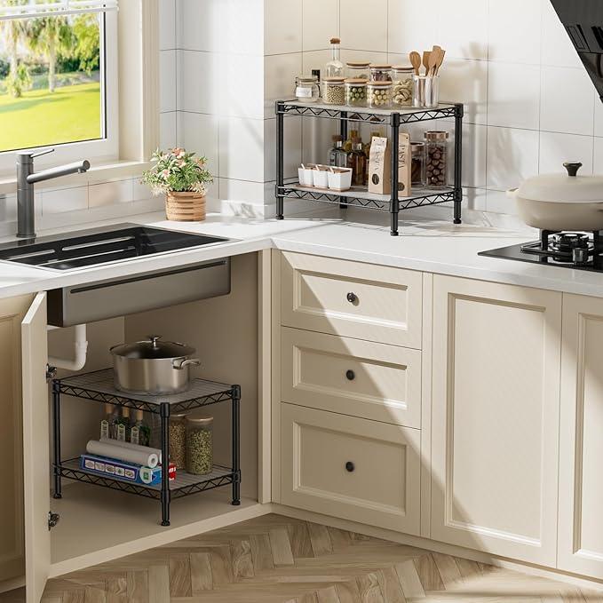 SINGAYE 2 Small Shelves Kitchen Storage Shelf Wire Shelving Unit Metal Shelf Adjustable Organizers Storage Shelving for Office Pantry Black 12" D X 18" W X 12" H - ModernBath
