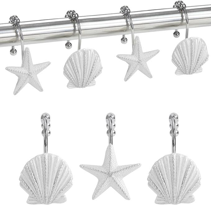 Coastal Seashell Shower Curtain Hooks, Under The Sea Beach Starfish Bathroom Shower Curtain Hooks Rust Proof, 5 Roller Ring Balls White Decorative Shower Hooks for Shower Curtain, Set of 12 - ModernBath