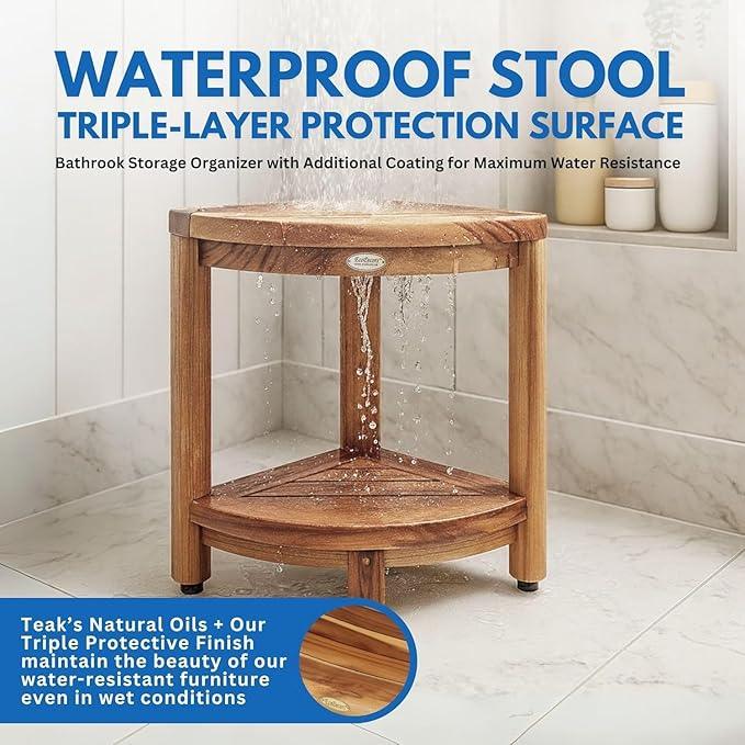 EcoDecors Fully Assembled SnazzyCorner® 18" Teak Shower Bench, Corner Shower Stool, w Shelf in Earthy Teak Finish, Compact Fit for Small Bathrooms & Walk-in Showers – Slip-Resistant Feet, Sauna Bench - ModernBath