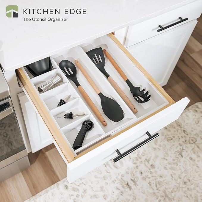 KitchenEdge Adjustable Kitchen Drawer Organizer for Utensils and Junk, Food-Safe Contract Grade with 100% Sustainable Wood, Expandable from 10.5 to 19 Inches Wide - White Bamboo - ModernBath
