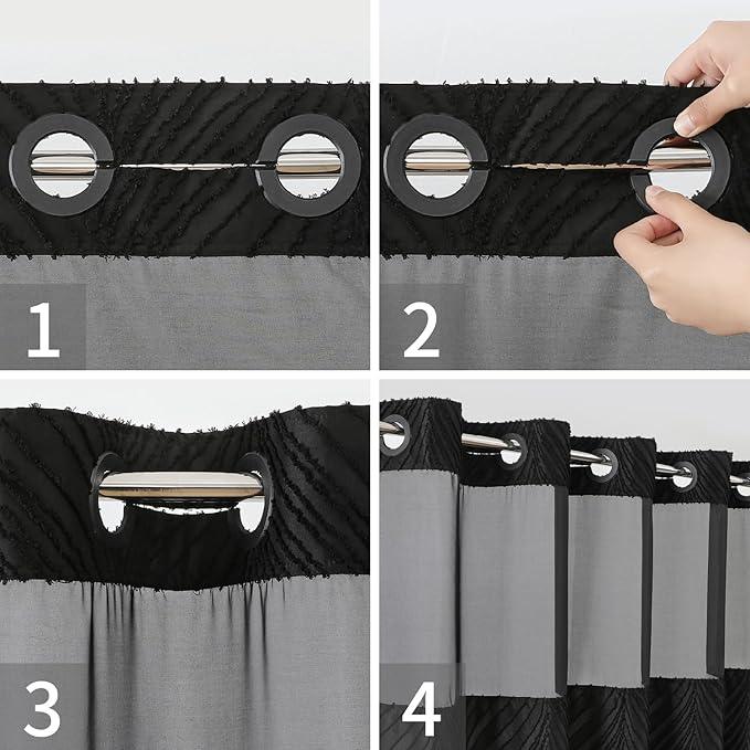 eachope no Hook Shower Curtain and Liner Set，Boho Style with See Through Top Window, Black Fabric Tufted Striped Textured Outer Curtain & Waterproof Inner Liner, DarkBlack, 71Wx86H - ModernBath