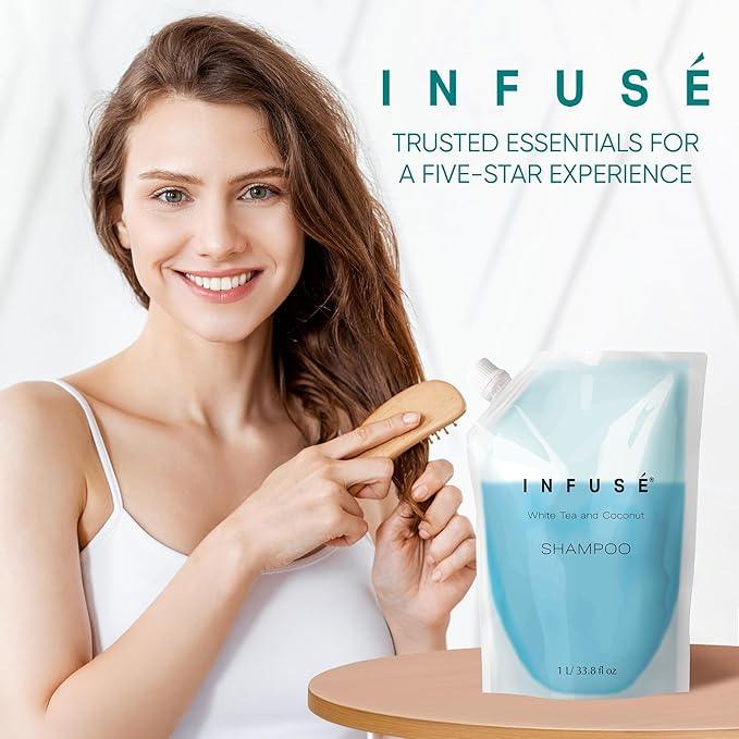 INFUSÉ 1 Liter Shampoo Refill Bag For Soap Dispensers | Bulk Toiletries for Vacation Rentals, and Home Bathroom Showers | White Tea and Coconut | Single - ModernBath