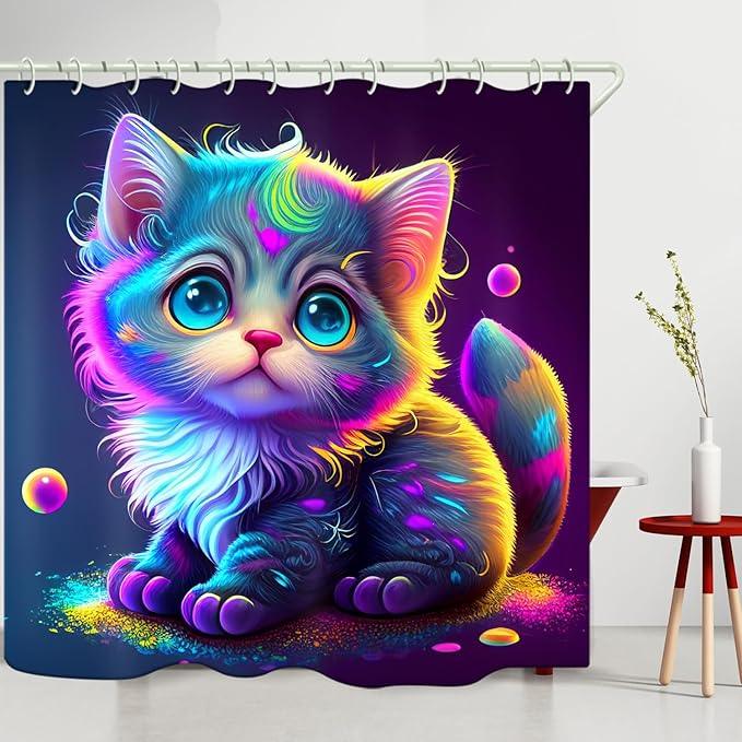 LYFANS Bathroom with Colorful Cat 3D Shower Curtains, Deluxe Bathtub Standard Shower Curtain, Waterproof and Bright Fabric Shower Curtain Size (72x72 Inches) - ModernBath