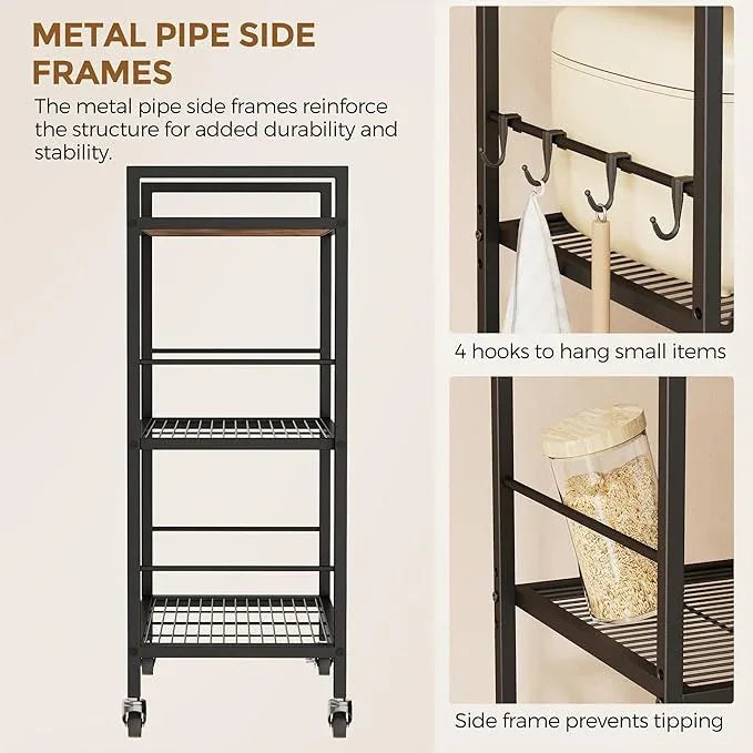 3-Tier Metal Storage Rack with Industrial Wheels,Mesh Shelving Unit with Wooden Table top,Adjustable Shelf,23.6-Inch Width,15.8-Inch Depth, for Kitchen, Laundry,Pantry,Plant,Black - ModernBath