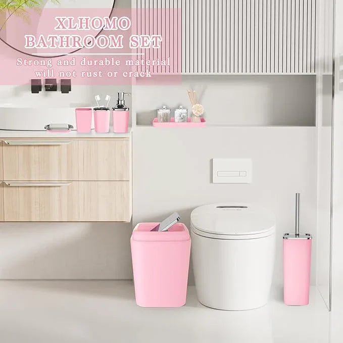 XLHOMO Pink Bathroom Accessory Set, Plastic Bathroom Set with Tray, Soap Dispenser, Toothbrush Holder, Toothbrush Cup, Soap Dish, Toilet Brush, Trash Can and Q-tip Holders for Bathroom/Housewarming - ModernBath