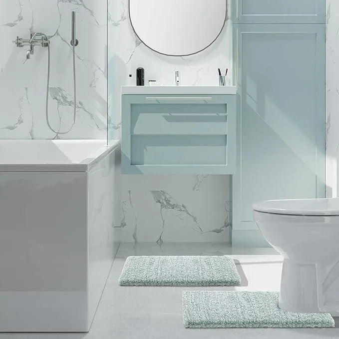 Yimobra Bathroom Rugs Sets 2 Piece, Soft Absorbent Bath Mat and U-Shaped Toilet Rug with Non Slip Backing, Machine Washable, Plush Bath Mats for Bathroom, 24"x17"+24"x20", Sky Light Blue & White - ModernBath