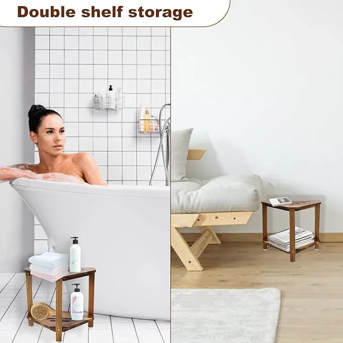 IBosins Corner Shower Stool with Storage Shelf Shower Foot Rest for Shaving Legs Small Bench for Inside Shower to Sit on Bath Seat - Acacia Wood - ModernBath