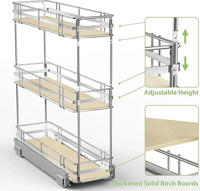 ROOMTEC 3-Tier Pull Out Cabinet Organizer Spice Rack for Narrow Cabinet 7" W x 20½" D, Slide Out Wood Shelves Storage for Kitchen - ModernBath