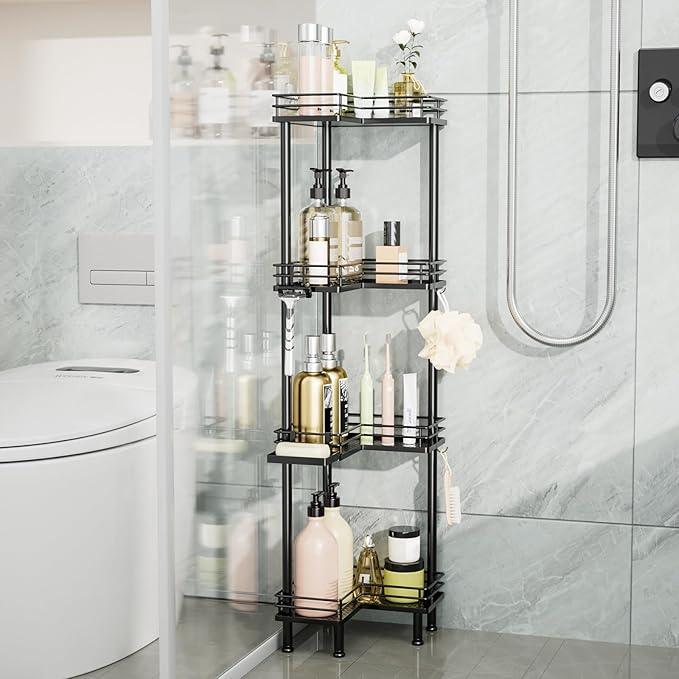 Consumest Corner Shower Caddy Standing - 4-Tier Stainless Steel Shower Organizer with Soap Holder and 4 Hooks, Large Capacity Corner Shelf Stand for Bathroom, Rest Room, Black - ModernBath