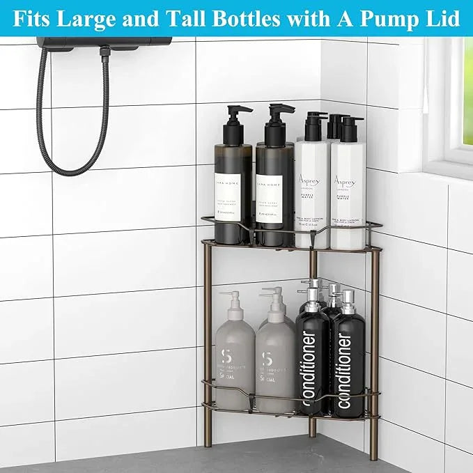 2 Tier Floor Standing Corner Shower Caddy Organizer Shelf with Hooks, Bathroom Shelves Stand Rack, Bronze - ModernBath