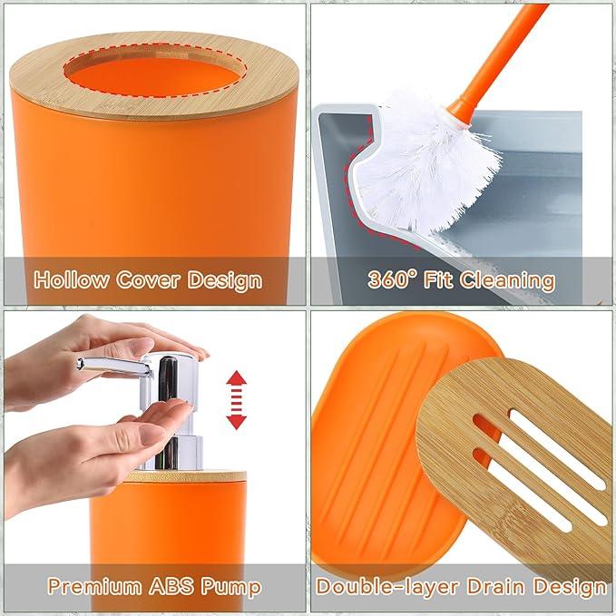 SLDIYWOW 9 Pieces Orange Bathroom Accessory Set, Plastic Bathroom Accessories Set with Trash Can,Soap Dispenser,Toothbrush Holder,Toothbrush Cup,Soap Dish,Toilet Brush and Q-tip Holders for Bathroom - ModernBath