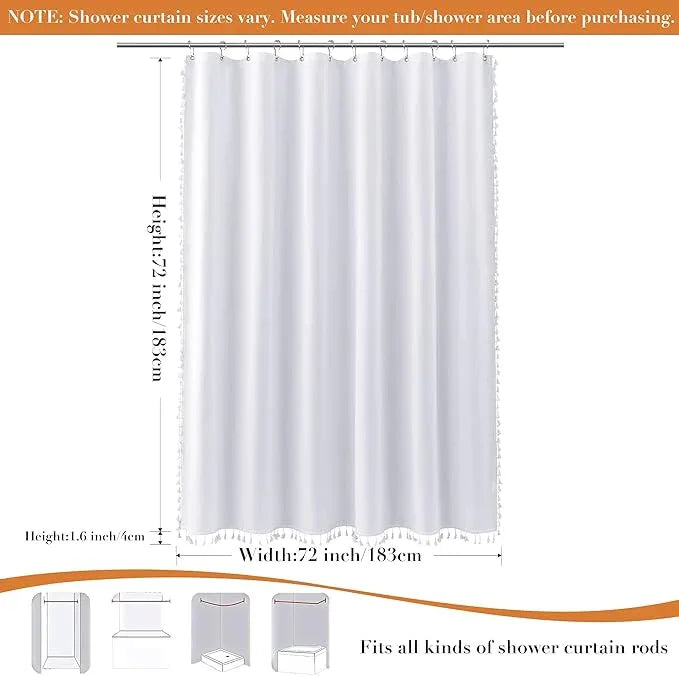 Nanspring White Boho Linen Shower Curtain 72 Inch Long Solid White Weighted Tassel Fabric Bath Curtain Set with Hooks Neutral Rustic Farmhouse Aesthetic Faux Linen Shower Curtain for Bathroom 72x72 - ModernBath