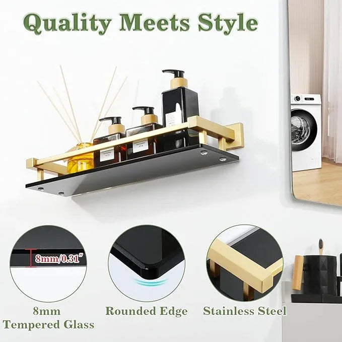 Alise Bathroom Glass Shelf with Stainless Steel Railing, Gold Small Tempered Glass Floating Wall Shelf Over The Toilet, 16 inch - ModernBath