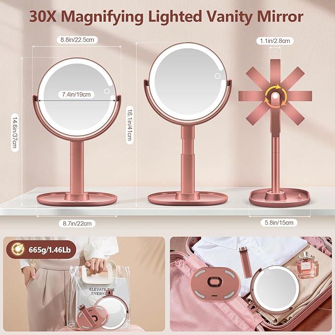 MIYADIVA Makeup Mirror with Lights, 30X Magnifying Mirror with Light and Touch Switch, Vanity Mirror with 3 Color Light and 80 LEDs, Height Adjustable Desk Mirror with Lights, Rose - ModernBath