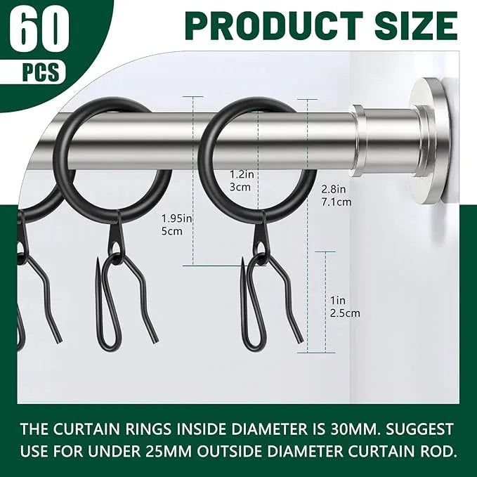 60Pcs Metal Curtain Rings and 60 Pcs Curtain Drapery Pin Hooks,Black Curtain Hooks for Drapes,30mm Internal Diameter for Window, Shower Curtain - ModernBath