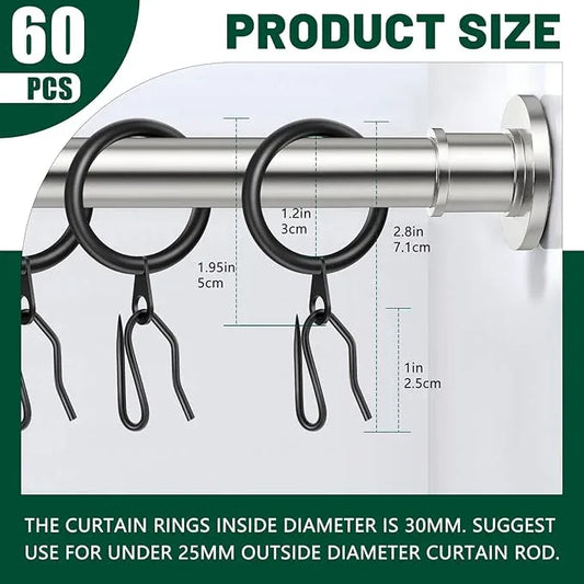 60Pcs Metal Curtain Rings and 60 Pcs Curtain Drapery Pin Hooks,Black Curtain Hooks for Drapes,30mm Internal Diameter for Window, Shower Curtain - ModernBath