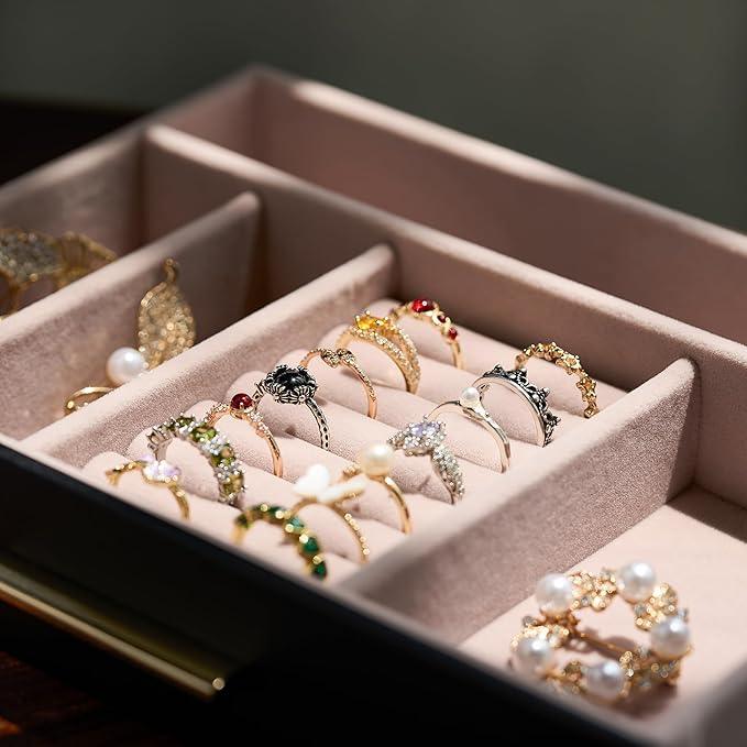 pickpiff Jewelry Box Organizer Case for Women: 3-Layer Jewelry Storage Case with Glass Window, Black Leather with Blush Velvet, Holder for Ring Necklace Bracelet Brooch Watch, Great Gift for Her - ModernBath