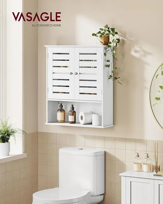 VASAGLE Bathroom Wall Cabinet, Medicine Cabinet, Wall-Mounted Bathroom Storage Cabinet, with Adjustable Shelf, Double Slat Doors and Open Shelf, 7.9 x 23.6 x 27.6 Inches, White UBBK028W01 - ModernBath
