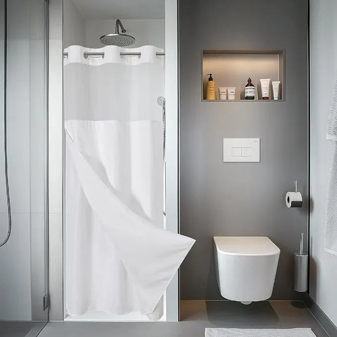 eachope White No Hook Waffle Weave Shower Curtain with snap-in Liner Replacement, 230GSM Waterproof Fabric Hotel Shower Curtain Set for Bathroom, Through Mesh Top Window,36Wx74H - ModernBath