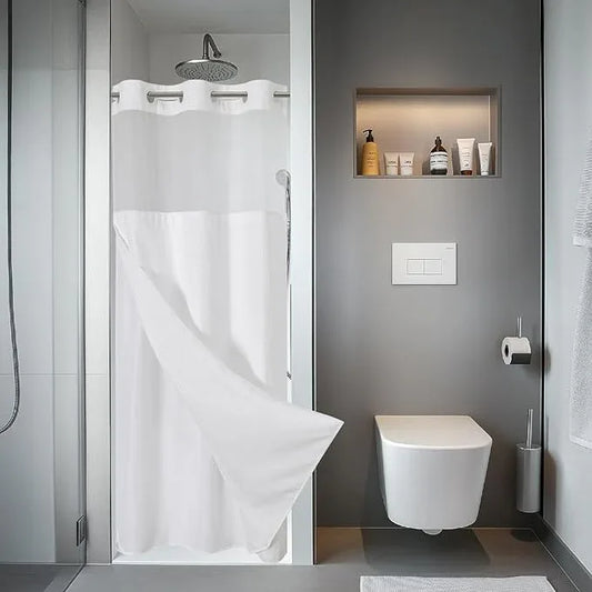 eachope White No Hook Waffle Weave Shower Curtain with snap-in Liner Replacement, 230GSM Waterproof Fabric Hotel Shower Curtain Set for Bathroom, Through Mesh Top Window,36Wx74H - ModernBath