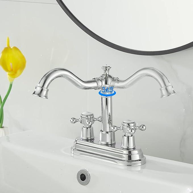 GGStudy Polished Chrome Bathroom Faucet 2 Handles 4 Inches Centerset Bathroom Vanity with Drain Assembly and Supply Hose Lavatory Faucet - ModernBath