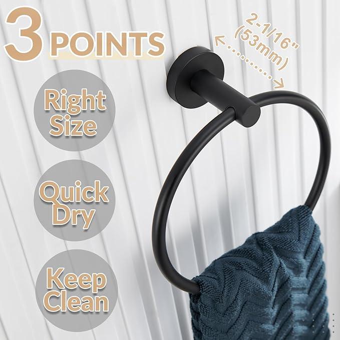 APLusee Matte Black Towel Ring Wall Mounted, Hand Towel Holder for Bathroom, Solid Stainless Steel Round Wall Hanger - ModernBath