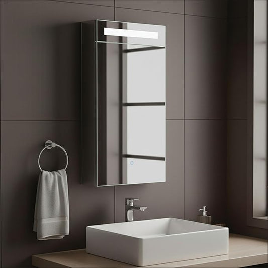 Fine Fixtures Bathroom Medicine Cabinet, Aluminum, Recessed/Surface Mount, Mirrored Interior w/LED (24 x 30 Left)