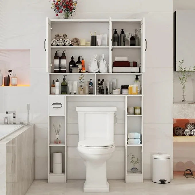 Over The Toilet Storage Cabinet, Farmhouse Toilet Cabinet Rack with 3 Barn Doors, Space Saving Bathroom Organizer with Shelves, Toilet Paper Holder and Towel Rack for Bathroom,Restroom,Laundry, White - ModernBath